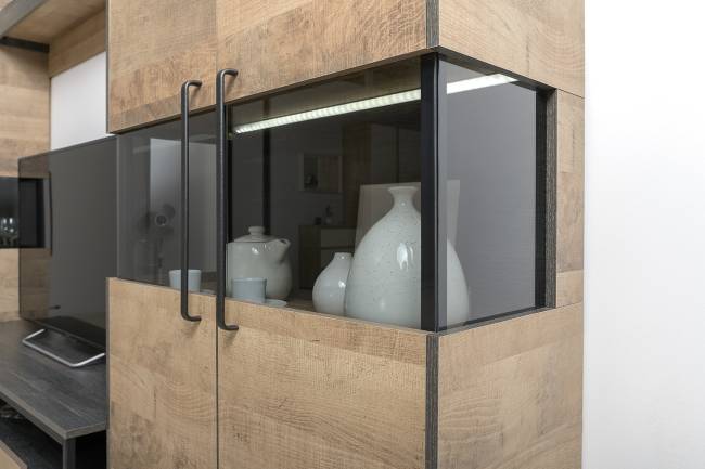 Тумба для техники и ТВ с навесной полкой и комод с витриной с подсветкой Трувор цвет дуб гранж песочный/интра