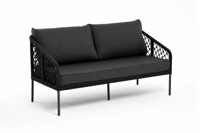 "Канны" диван 2-местный плетеный из роупа (узелки), каркас алюминий темно-серый (RAL7024) муар, роуп темно-серый круглый, ткань темно-серая "Канны" диван 2-местный плетеный из роупа (узелки), каркас алюминий темно-серый (RAL7024) муар, роуп темно-серый круглый, ткань темно-серая