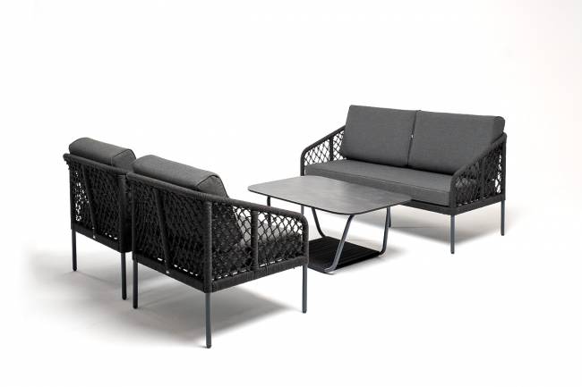 "Канны" диван 2-местный плетеный из роупа (узелки), каркас алюминий темно-серый (RAL7024) муар, роуп темно-серый круглый, ткань темно-серая "Канны" диван 2-местный плетеный из роупа (узелки), каркас алюминий темно-серый (RAL7024) муар, роуп темно-серый круглый, ткань темно-серая