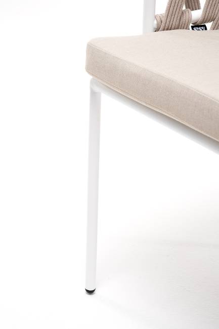 "Диего" стул плетеный из роупа, каркас из стали белый, роуп бежевый круглый, ткань бежевая