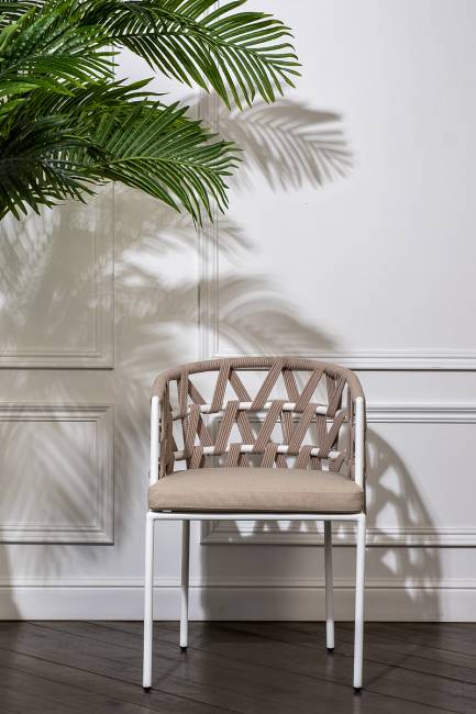 "Диего" стул плетеный из роупа, каркас из стали белый, роуп бежевый круглый, ткань бежевая