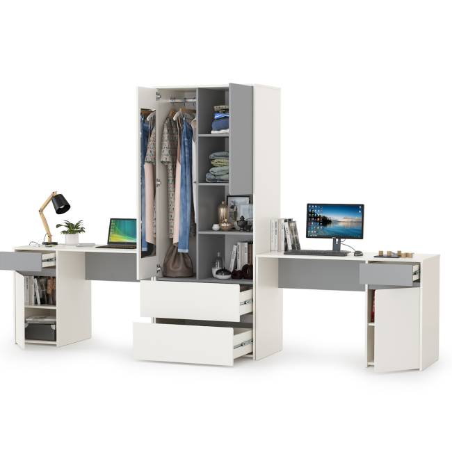 Компьютерные столы и шкаф для одежды Торонто цвет белый шагрень/стальной серый