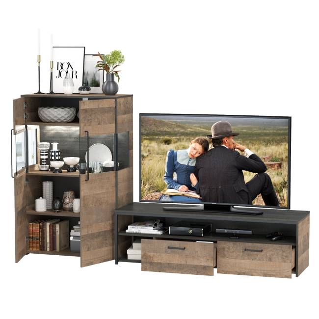 Комод с витриной с подсветкой с тумбой под ТВ Трувор цвет дуб гранж песочный/интра