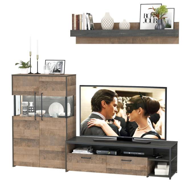 Комод с витриной с подсветкой с тумбой под ТВ Трувор цвет дуб гранж песочный/интра