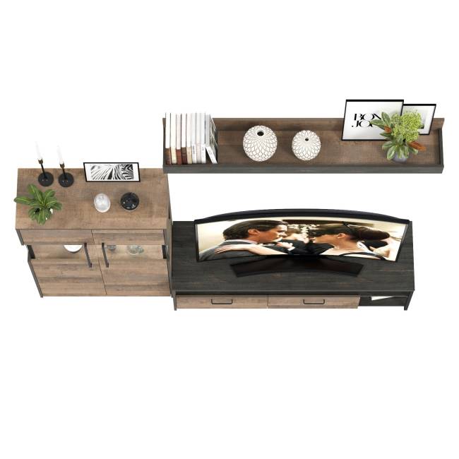 Комод с витриной с подсветкой с тумбой под ТВ Трувор цвет дуб гранж песочный/интра