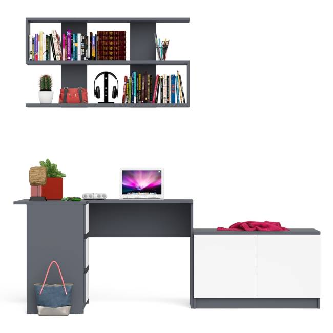 Угловой компьютерный стол Мори МС-16 левый с тумбой две двери МА900.1 и широкой полкой 1200 цвет графит/белый