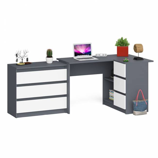 Комод три ящика на 800 со столом компьютерным угловым МС-16 правым Мори цвет графит/белый