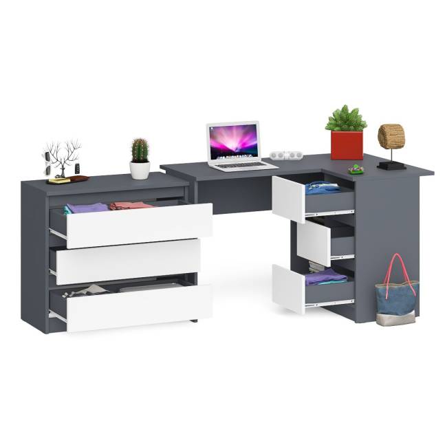 Комод три ящика на 800 со столом компьютерным угловым МС-16 правым Мори цвет графит/белый