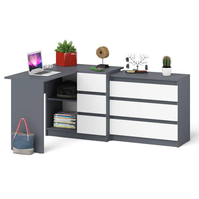 Комод три ящика на 800 со столом компьютерным угловым МС-16 правым Мори цвет графит/белый