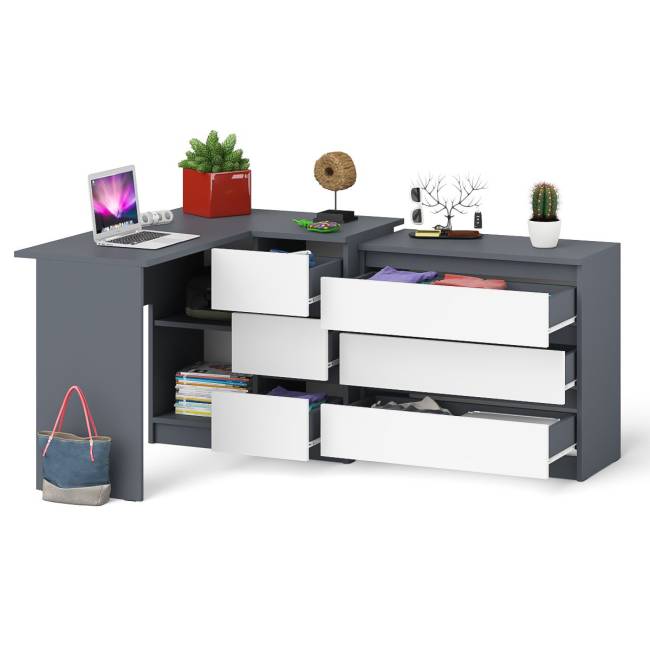 Комод три ящика на 800 со столом компьютерным угловым МС-16 правым Мори цвет графит/белый