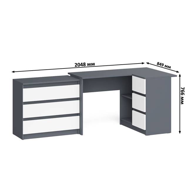 Комод три ящика на 800 со столом компьютерным угловым МС-16 правым Мори цвет графит/белый
