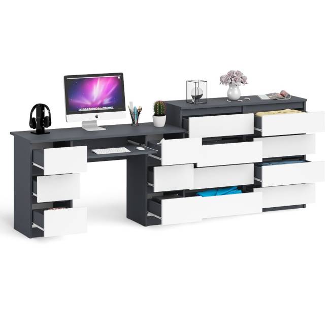 Стол компьютерный МС-2 ящики слева и справа и комод МК1200 8 ящиков Мори цвет графит/белый