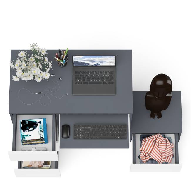 Компьютерный стол три ящика Мори МС-6 левый с тумбой 400 цвет графит/белый