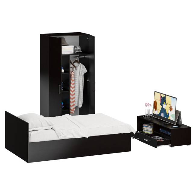 Спальня Стандарт № 3 с кроватью 1200 цвет венге/фасады ТВ тумбы МДФ чёрный глянец