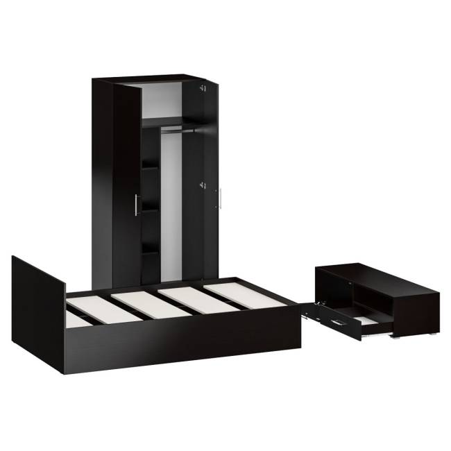 Спальня Стандарт № 3 с кроватью 1200 цвет венге/фасады ТВ тумбы МДФ чёрный глянец