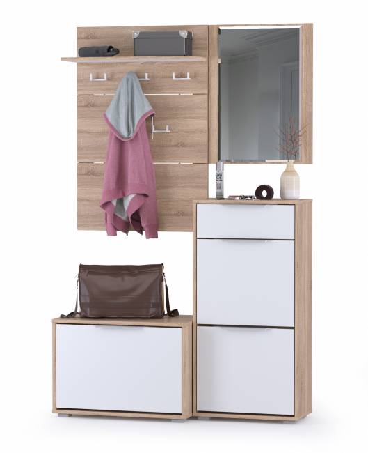 Высокая обувница и обувница с зеркалом и вешалкой для одежды Куба цвет дуб сонома/белый премиум