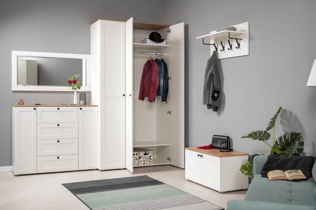 Шкаф для одежды и шкаф-пенал в прихожую Остин цвет белый шагрень/дуб крафт золотой