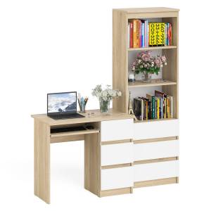 Стол компьютерный с тумбой справа и стеллаж с ящиками и нишами на 600 Мори цвет дуб сонома/белый