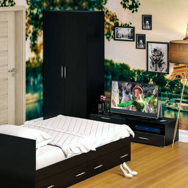 Спальня Стандарт № 3 с кроватью 1200 с ящиками цвет венге/фасады ТВ тумбы МДФ чёрный глянец