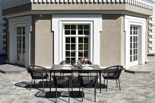 "Малага" обеденная группа на 6 персон со стульями "Марсель", каркас темно-серый, роуп темно-серый