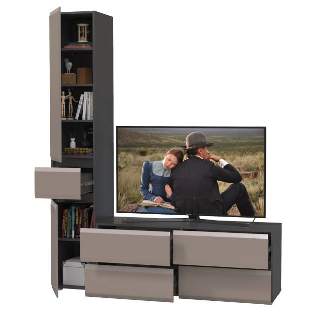 ТВ-тумба и шкаф-пенал с ящиком Сидней цвет антрацит/МДФ веллюто капучино