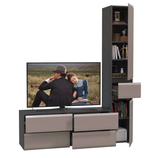 ТВ-тумба и шкаф-пенал с ящиком Сидней цвет антрацит/МДФ веллюто капучино
