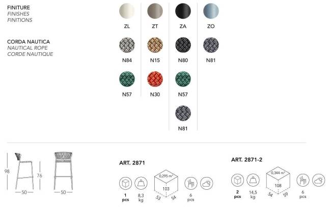 Стул барный плетеный Lisa Filo голубой, антрацит 500х500х980 мм