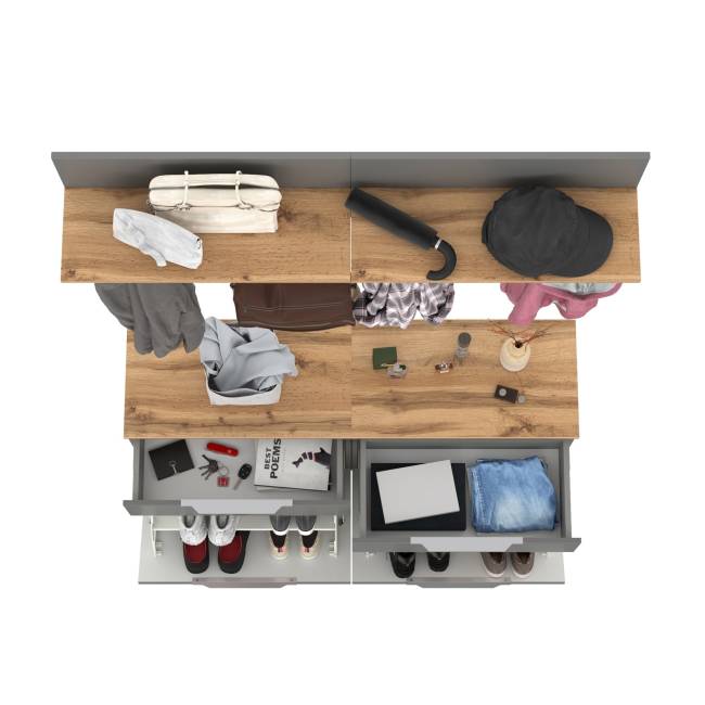 Две тумбы для обуви с ящиком и вешалкой с полкой Октава цвет серый графит/дуб крафт золотой