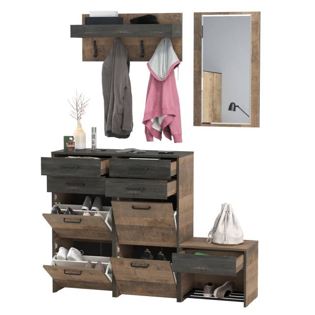 Вешалка для верхней одежды и зеркало с обувницами Трувор цвет дуб гранж песочный/интра