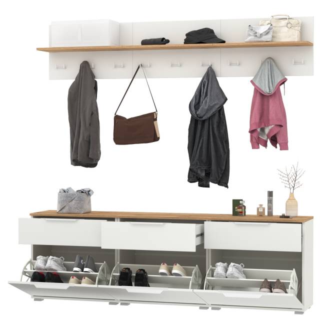 Набор из трёх обувниц и вешалок для оджеды с полкой Октава цвет белый шагрень/дуб крафт золотой