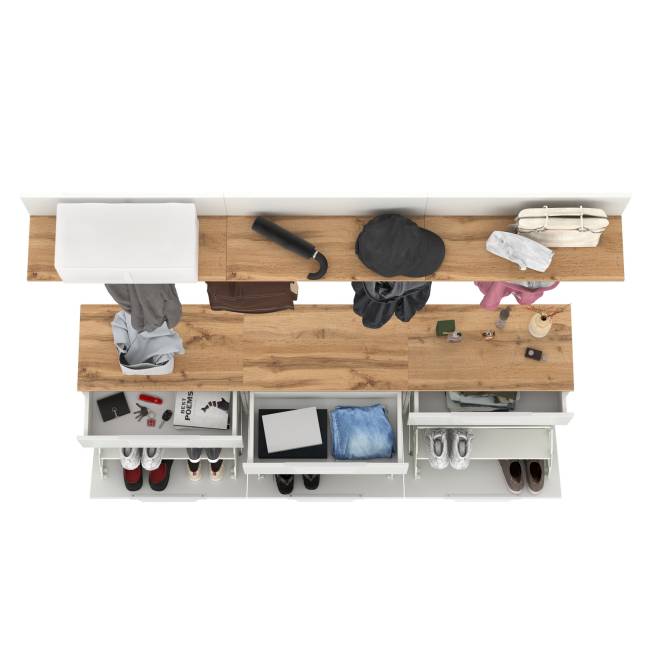 Набор из трёх обувниц и вешалок для оджеды с полкой Октава цвет белый шагрень/дуб крафт золотой