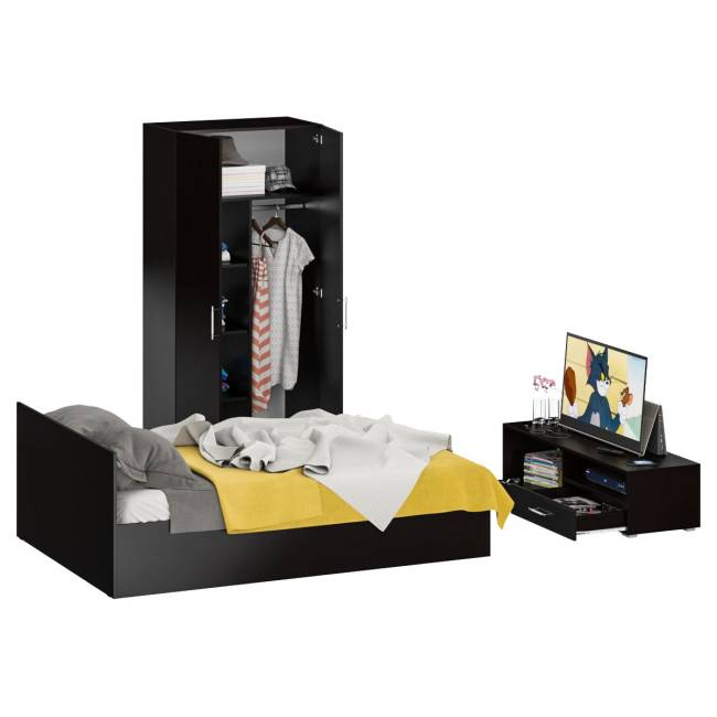 Спальня Стандарт № 3 с кроватью 1400 цвет венге/фасады ТВ тумбы МДФ чёрный глянец