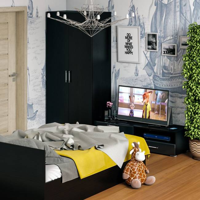 Спальня Стандарт № 3 с кроватью 1400 цвет венге/фасады ТВ тумбы МДФ чёрный глянец