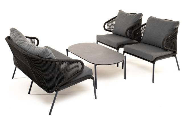 "Милан" лаунж-зона 4-местная плетеная из роупа (веревки), каркас алюминиевый темно-серый, роуп темно-серый "Милан" лаунж-зона 4-местная плетеная из роупа (веревки), каркас алюминиевый темно-серый, роуп темно-серый