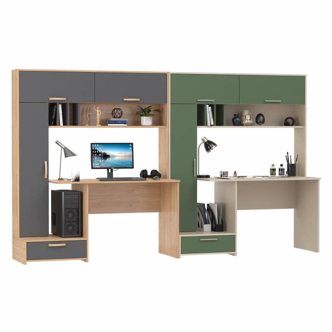 Компьютерные столы Лайт 03.243Н для двоих цвет гикори рокфорд натуральный/тёмно-серый/сатин/дымчатый зелёный