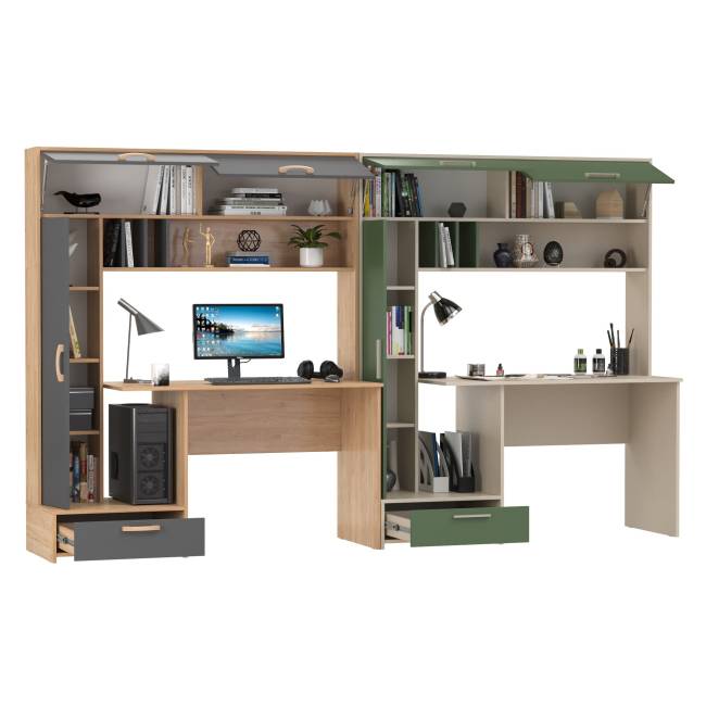 Компьютерные столы Лайт 03.243Н для двоих цвет гикори рокфорд натуральный/тёмно-серый/сатин/дымчатый зелёный