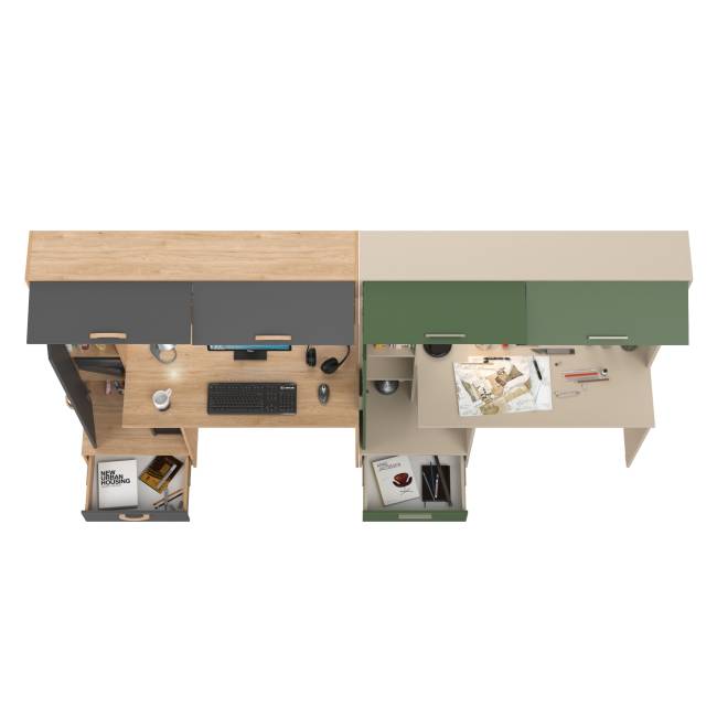 Компьютерные столы Лайт 03.243Н для двоих цвет гикори рокфорд натуральный/тёмно-серый/сатин/дымчатый зелёный