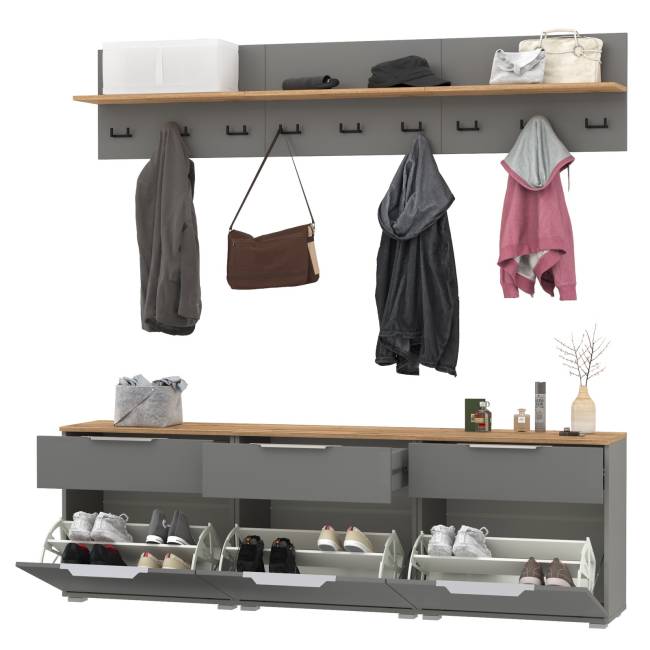 Набор из трёх обувниц и вешалок для оджеды с полкой Октава цвет серый графит/дуб крафт золотой