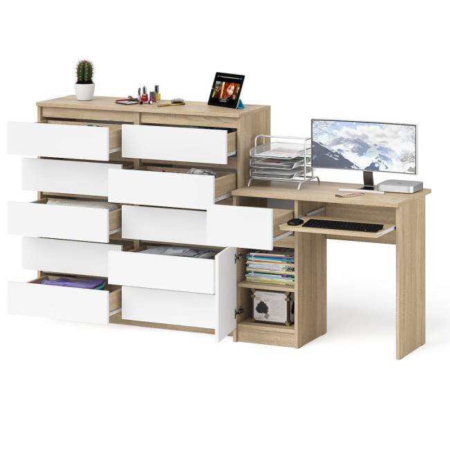Комод Мори МК1200 на 10-ть ящиков и компьютерный стол МС-1 левый цвет дуб сонома/белый