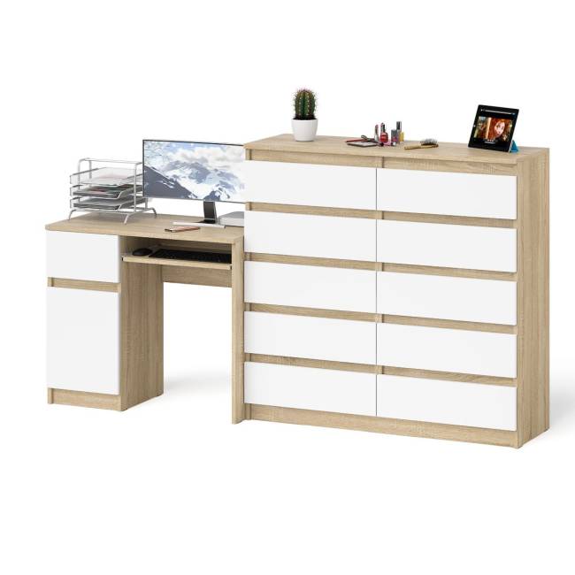 Комод Мори МК1200 на 10-ть ящиков и компьютерный стол МС-1 левый цвет дуб сонома/белый