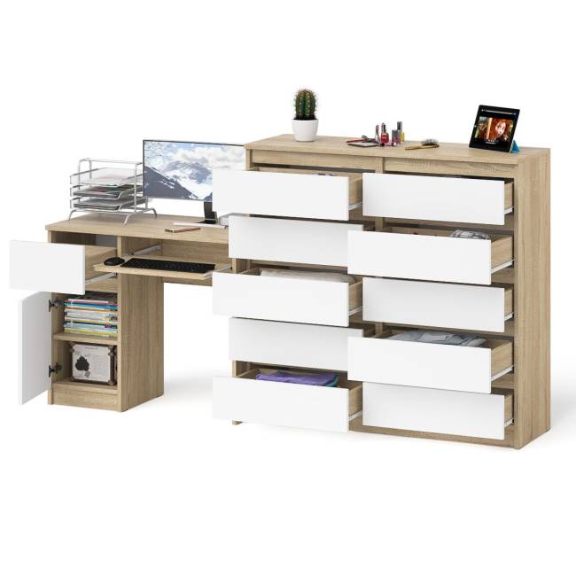 Комод Мори МК1200 на 10-ть ящиков и компьютерный стол МС-1 левый цвет дуб сонома/белый
