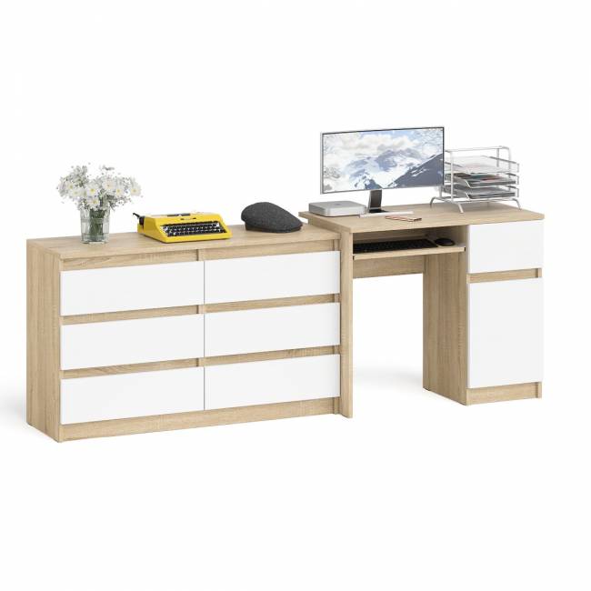 Компьютерный стол МС-1 с дверкой и ящиком справа и комодом на 1200 6 ящиков Мори цвет дуб сонома/белый