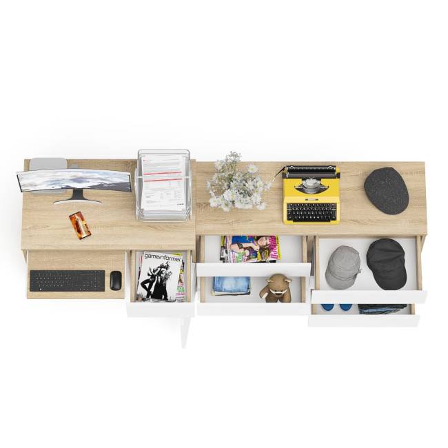 Компьютерный стол МС-1 с дверкой и ящиком справа и комодом на 1200 6 ящиков Мори цвет дуб сонома/белый