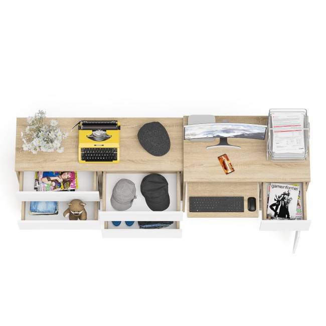 Компьютерный стол МС-1 с дверкой и ящиком справа и комодом на 1200 6 ящиков Мори цвет дуб сонома/белый