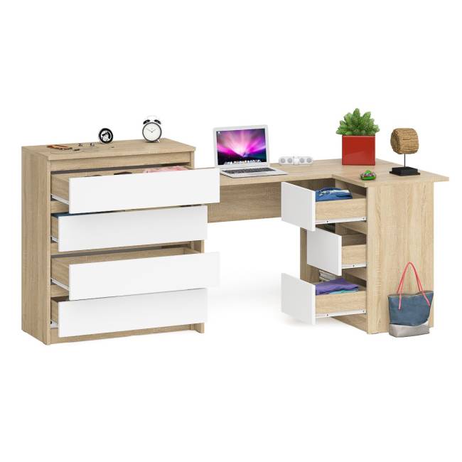 Комод Мори МК-800 4 ящика и угловой стол компьютерный МС-16 правый цвет дуб сонома/белый