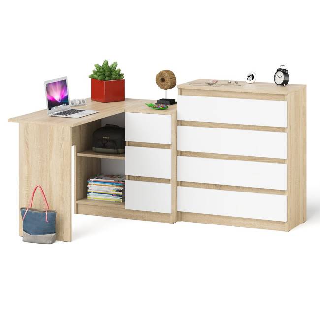Комод Мори МК-800 4 ящика и угловой стол компьютерный МС-16 правый цвет дуб сонома/белый
