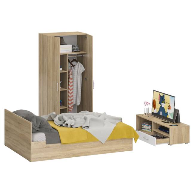 Спальня Стандарт № 3 с кроватью 1400 цвет дуб сонома/фасады ТВ тумбы МДФ белый глянец