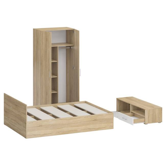 Спальня Стандарт № 3 с кроватью 1400 цвет дуб сонома/фасады ТВ тумбы МДФ белый глянец