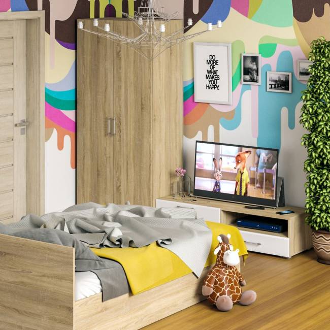 Спальня Стандарт № 3 с кроватью 1400 цвет дуб сонома/фасады ТВ тумбы МДФ белый глянец