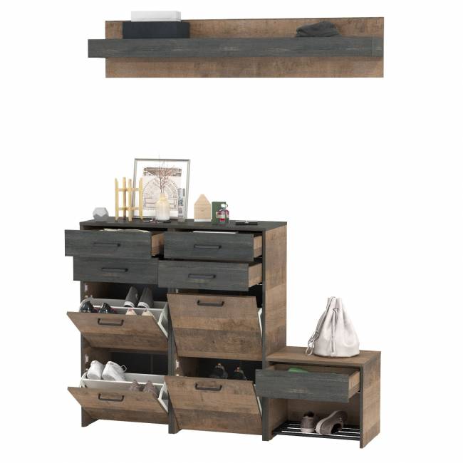 Навесная полка для прихожей с тремя разными тумбами для обуви Трувор цвет дуб гранж песочный/интра